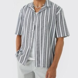MPSH002 Button Up Collar Graphic Vertical Stripe Shirt Men’S Striped Short Sleeve Shirt