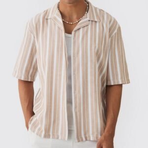MPSH001 Men’s Striped Short Sleeve Shirt, Button Up Collar Graphic Stripe Shirt For Vacation