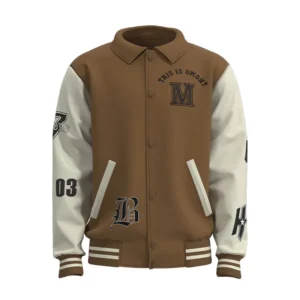 MJK002 Men’s Brown White Leather Patchwork Custom Embroidered Men’s Jacket