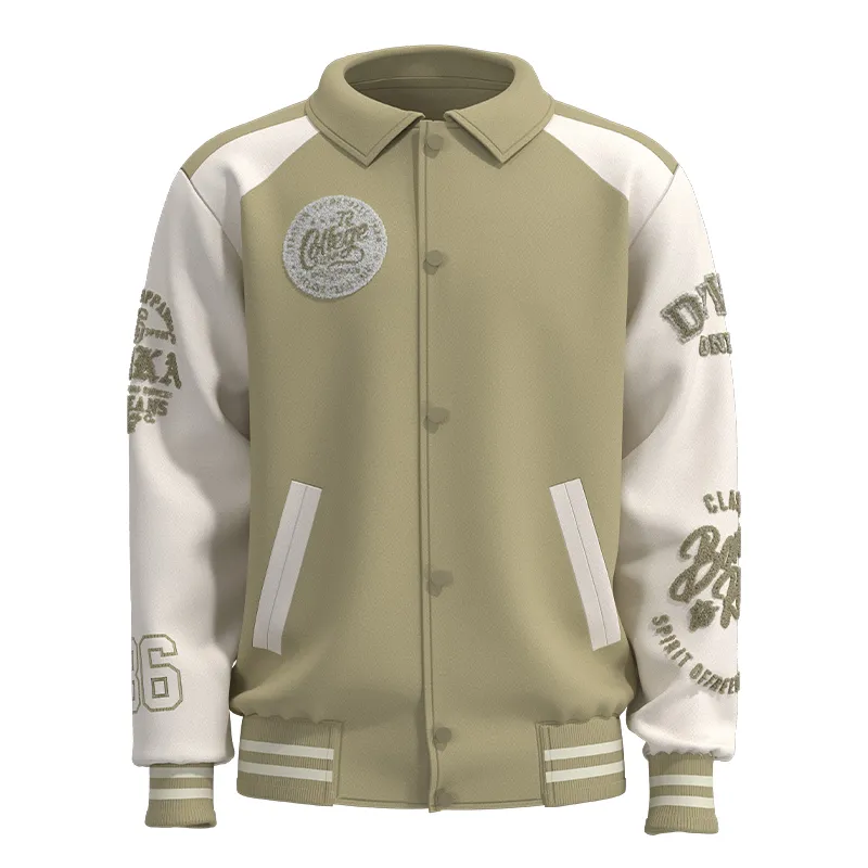 MJK003 Men’s Green White Leather Patchwork Fleece Men’s Jacket